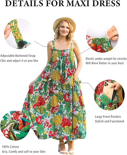 Vista 6 de YESNO Vestido largo para mujer con bolsillos, estilo bohemio de verano con correa ancha ajustable con botones, E96