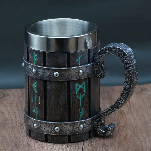 Vista 6 de GuoShuang Decoración nórdica de acero inoxidable de madera viking café fresco taza viking regalo para hombres taza de cerveza stein