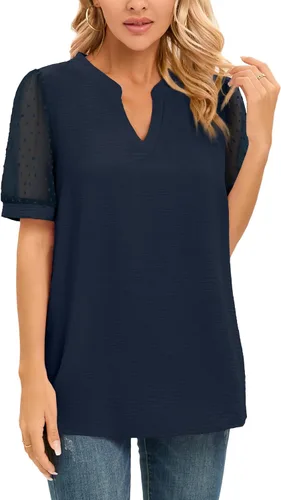 Vista 3 de NILOUFO Camisas casuales de verano para mujer, de manga corta, cuello en V, blusas de moda