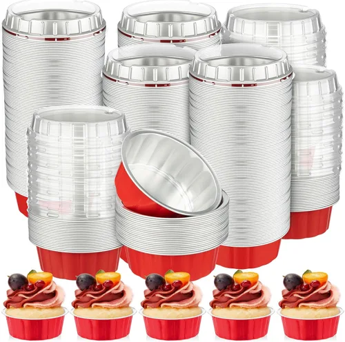 Vista 14 de Tessco for you 200 moldes desechables con tapas, 8 onzas, Ramekin Creme Brulee Ramekin, papel de aluminio, para cupcakes, para hornear, San plateado