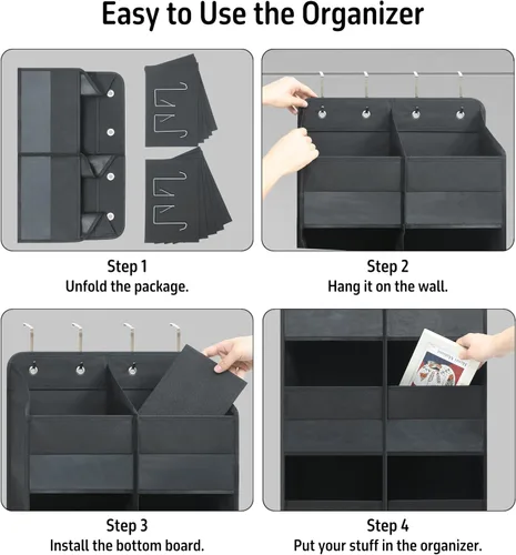 Vista 5 de Giraffe Creation Organizador negro sobre puerta con 10 bolsillos transparentes grandes, almacenamiento de puerta colgante de doble fila