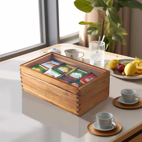 Vista 5 de KITEISCAT Caja organizadora de té de madera de acacia, 8 compartimentos, solución de almacenamiento multifuncional para bolsitas de té
