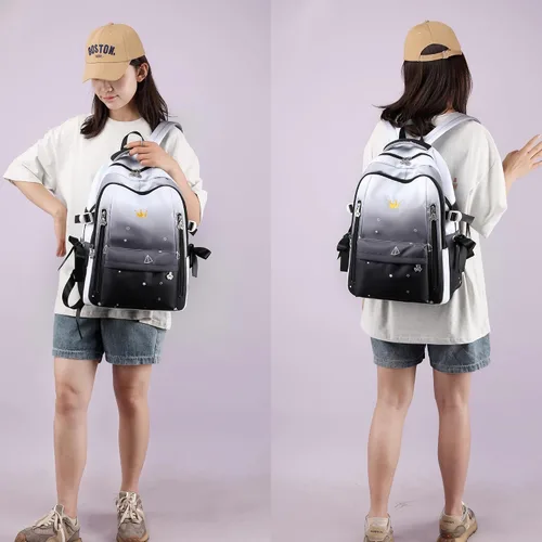 Vista 2 de Mochila para niñas y niños, bonita mochila escolar Kawaii ligera para escuela media y secundaria con bolsillo antirrobo, Negro Blanco, Mochila