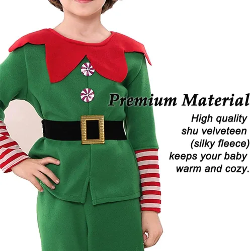 Vista 4 de TPMG Disfraz de elfo de Navidad para niños pequeños y niñas, ropa de vestir con sombrero, calcetines para botas