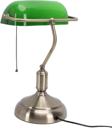 Vista 7 de Vintage Bankers Desk Lamp with Green Glass Shade & Pull Chain Switch, Plug in Table Lamp for Bedside, Study, 350° Adjustable
