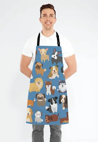 Vista 4 de Delantal de perros de animales, divertido delantal con cuello ajustable para hombres y mujeres, adecuado para el hogar, cocina, camarera, chef