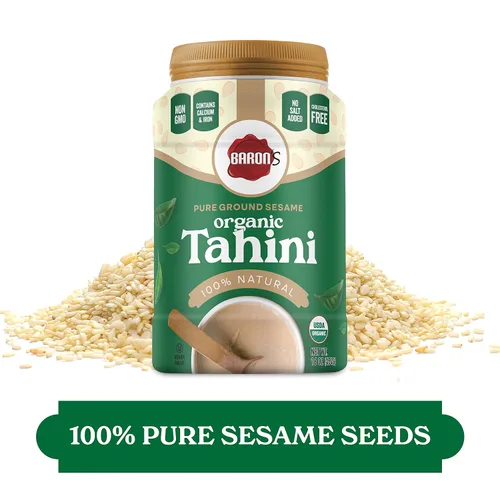 Vista 3 de Sésamo Baron's Kosher de Tahini molido, puro, orgánico, certificado por el Departamento de Agricultura de los Estados Unidos. Frascos de 16 onzas