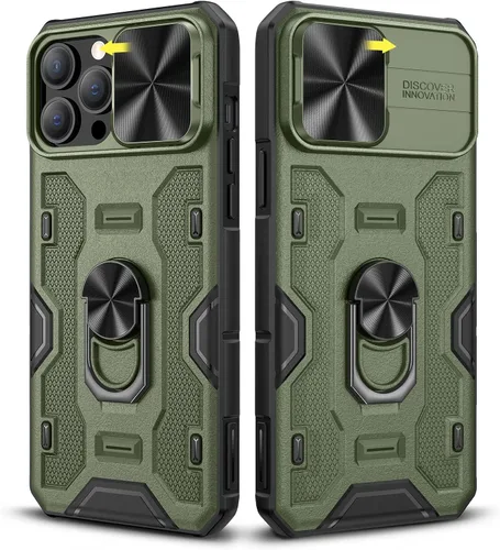 Vista 9 de Caka Funda para iPhone 13 Pro Max, iPhone 12 Pro Max con soporte y clip para cinturón, funda para cámara con soporte de anillo giratorio de 360°