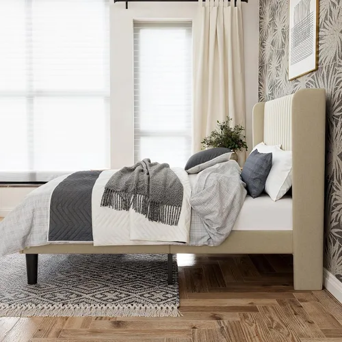 Vista 4 de GOLDORO Marco de cama abatible tamaño Queen, cabecera tapizada vertical con botones en forma de ala, soporte de listones de madera, no necesita Beige