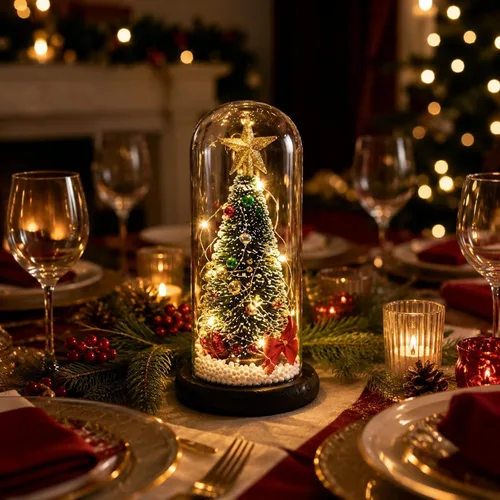 Vista 5 de LUOZZY Árbol de Navidad en cúpula de cristal pequeño árbol de Navidad iluminación escritorio adorno brillante mini árbol de Navidad