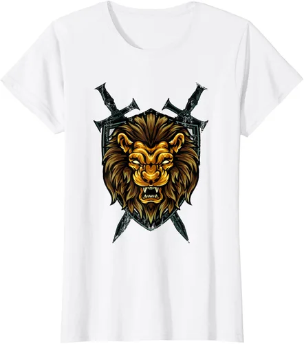 Vista 18 de Camiseta con diseño de caballero medieval renacentista, con diseño de espada de león, Negro, S