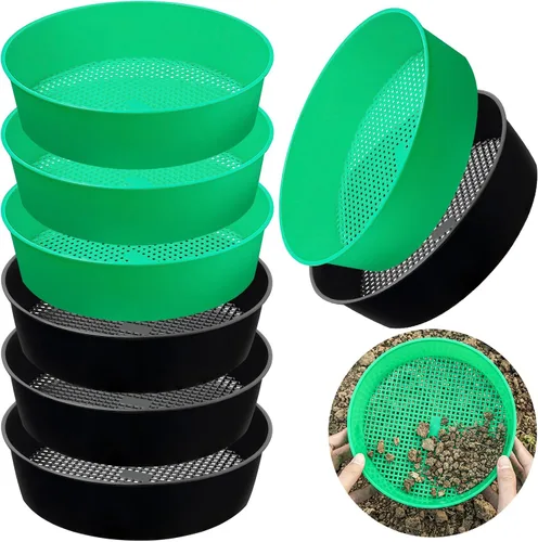 Vista 7 de Paquete de 4 tamices de compost para tierra de jardín, tamiz redondo de plástico para arena, juego de bandejas tamizadoras para jardinería y trabajo