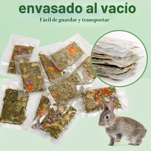 Vista 3 de Abizoo Golosinas naturales de conejo, 10 piezas de juguetes de heno Timothy Chips Bunny masticar juguetes con flores de hierbas conejillo de indias