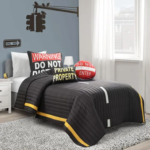 Vista 13 de Lush Decor Highway - Juego de edredón reversible tamaño Queen de 5 piezas, tamaño matrimonial/queen, carbón y amarillo, juego de ropa de cama