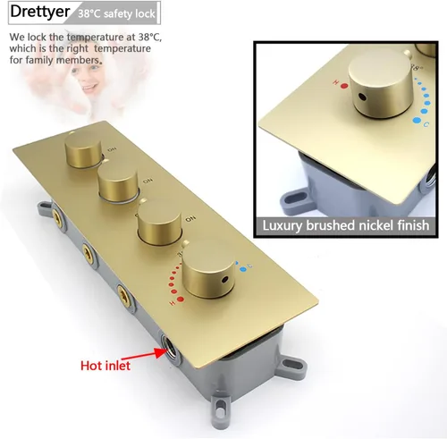 Vista 2 de Válvula mezcladora termostática de ducha con botón pulsador de 3 funciones de latón oculto control desviador para cabezal de ducha dorado cepillado