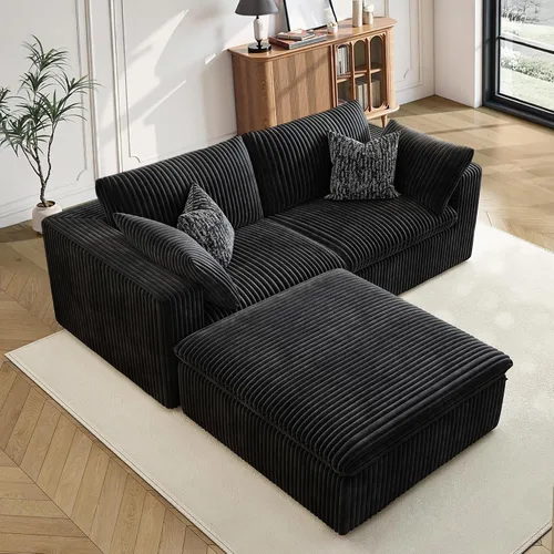 Vista 36 de 118" Cloud Couch Oversized Modular Sectional Sofa, Boneless L-Shaped 6 Seater Deep Seat Couch with Ottoman, Soft Corduroy Upholstery, DIY Negro