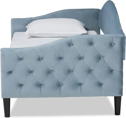Vista 4 de Baxton Studio Benjamin - Sofá cama de tamaño matrimonial de madera con acabado marrón claro moderno y contemporáneo de terciopelo azul claro