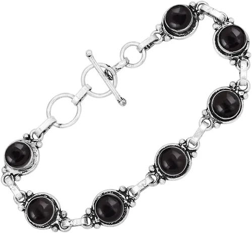 Vista 8 de Round Shape Natural & Synthetic Gemstones Silver Plated Bracelets for Women - Vintage Bohemian Style Handmade Birthstone Adjustable Link Bracelet