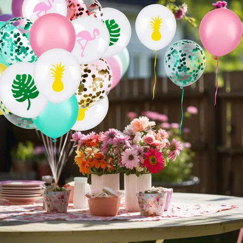 Vista 4 de SATINIOR 45 globos tropicales Luau de 12 pulgadas, fiesta hawaiana, flamenco, piña, hojas tropicales, confeti, decoraciones para verano, playa