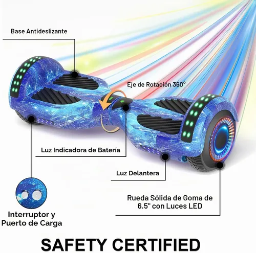 Vista 4 de Kids Scooter with Bluetooth Speaker & Corlorful LED Lights, Dual 250W Motor 7.5 Mph Speed, Gifts for All Ages Azul Galaxia