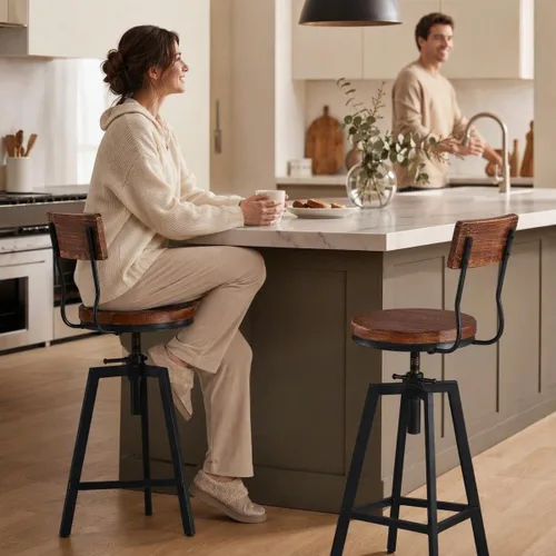 Vista 8 de Taburetes de bar industriales con respaldo de madera de 25 a 32 pulgadas de altura ajustable para isla de cocina, silla de comedor, taburete extra