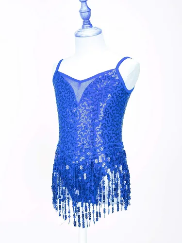 Vista 3 de Xnihocha Vestido de baile latino con borlas y lentejuelas brillantes para niñas y niñas, falda tutú, leotardo, moderno, disfraz de salón de jazz