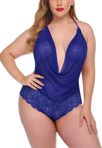 Vista 5 de Avidlove - Traje de lencería sexy para mujer, diseño de peluche, una pieza, con encaje, cabestro
