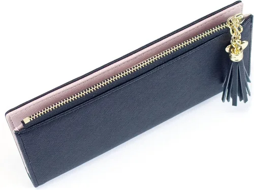 Vista 4 de Sumgogo - billetera delgada para mujer, con borlas largas, cierre zipper, monedero, bolso de mano, tarjetero, Negro, Grande, Minimalista