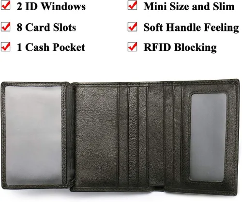 Vista 6 de Billetera para hombre con 2 ventanas de identificación RFID de piel suave con bolsillo frontal pequeño
