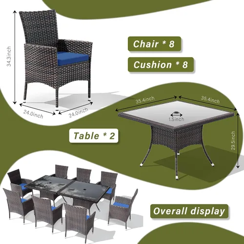 Vista 5 de Juego de 10 piezas de comedor para patio al aire libre, mesa de patio y sillas de ratán con agujero para paraguas, juego de mesa de comedor para 8