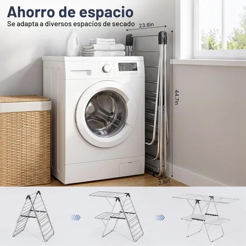 Vista 5 de Estante de secado de ropa plegable de 2 niveles de acero inoxidable, altura Negro oscuro