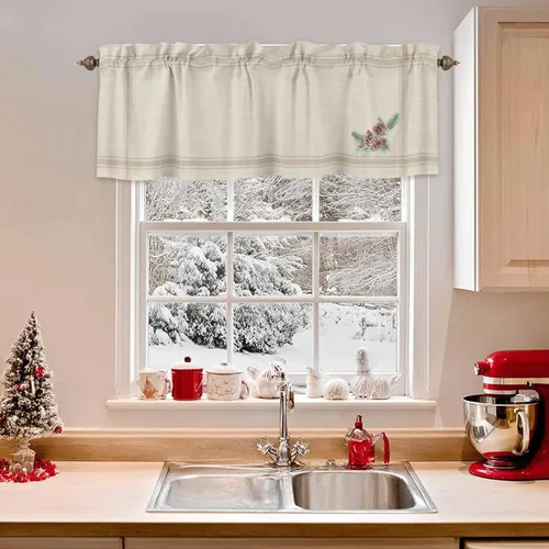Vista 11 de Cortina de cenefas para cocina, cafetería, cenefa retro para ventana de árbol de Navidad, 1 panel, cortinas cortas de 42 x 12 pulgadas, bolsillo