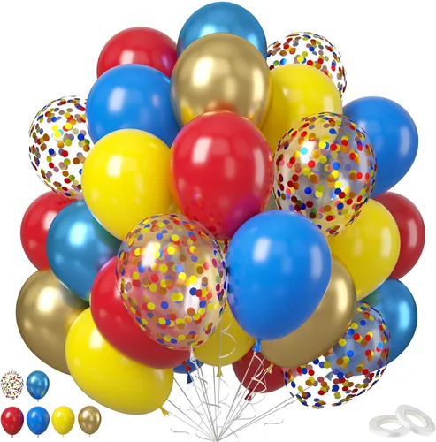 Vista 15 de Globos de látex rosa intenso, azul, morado, 50 globos de látex de 12 pulgadas con confeti metálicos para niños, temática mágica, cumpleaños, baby