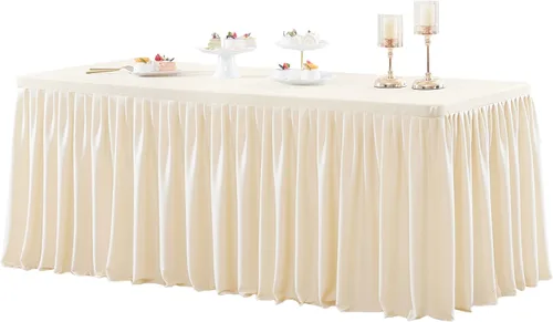 Vista 53 de Manteles de poliéster negro para mesas rectangulares de 4 pies, cubierta de mesa ajustada sin arrugas con falda de mesa plisada con volantes