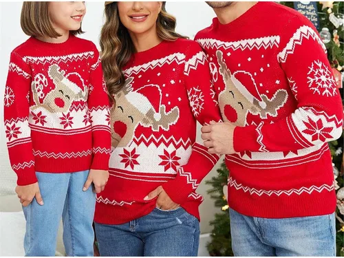 Vista 2 de Suéter navideño a juego para la familia, con estampado de copos de nieve de reno, suéter feo de manga larga 1 estilo.
