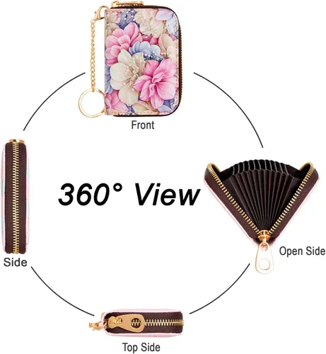 Vista 6 de Soporte para tarjetas de crédito, cartera con bloqueo RFID para mujer, pequeña cartera delgada de cuero con llavero con cremallera, funda