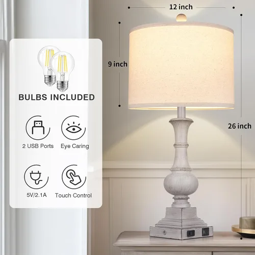 Vista 3 de 26" Farmhouse Lamp with 2 USB Ports & AC Outlet, Vintage Rustic Touch Control Bedside Lamp, Resin 3-Way Dimmable Nightstand Lamp Fabric Shade for