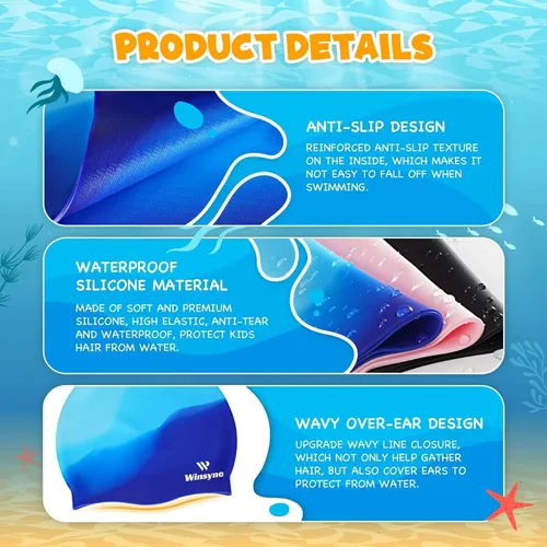 Vista 2 de 3 Pack Kids Swim Cap for Boys Girls, Unisex Silicone Swimming Caps for 3-15 Toddler Children Teen, Waterproof Bathing Caps for Short/Long Hair to