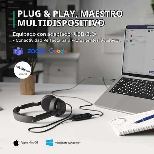 Vista 5 de Yealink Auriculares USB con cable UH44 para trabajo, USB-C/A, 2 micrófonos