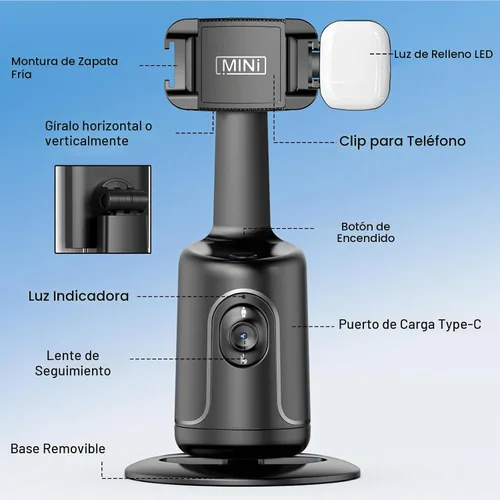 Vista 8 de Trípode para selfie con seguimiento facial automático con cardán de seguimiento inteligente desmontable, sin aplicación para disparar, kits de fotos