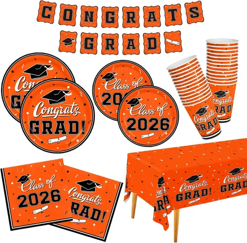 Vista 9 de Decoraciones de graduación de clase de 2026, juego de vajilla de fiesta de graduación de graduación negro y dorado, platos de papel desechables