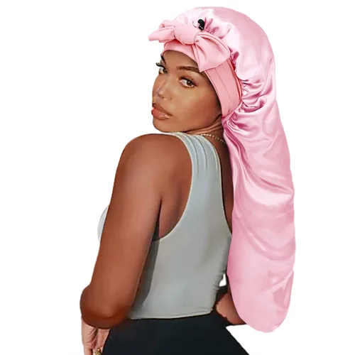 Vista 2 de Gorro de seda satinada para el cabello: gorros largos con banda de amarre elástica, correas ajustables, tamaño gigante, para dormir cómodamente