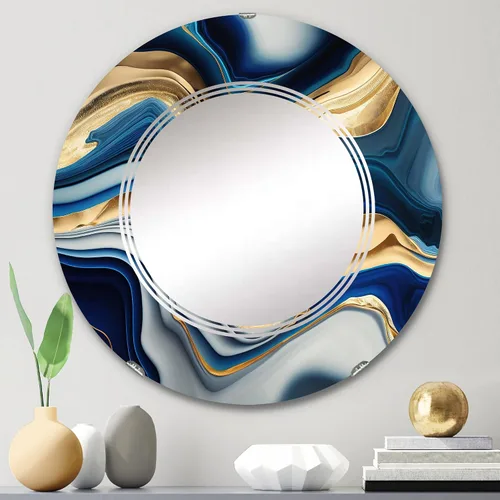 Vista 2 de DesignQ Modern wall mirror, Oval Modern mirror, Round Blue bathroom mirror, Abstract Transitional vanity mirror Vibrant Agate in Blue and Gold II