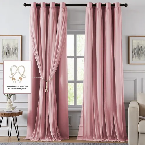 Vista 2 de cortinas 100% opacas para dormitorio, cortinas rosadas de doble capa, cortina oscura de 96 pulgadas de largo con superposición transparente
