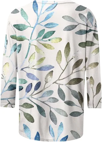 Vista 4 de Tuianres Camisetas de manga 34 para mujer, cuello redondo, blusa básica cómoda, linda impresión, tops de verano, casuales, holgados, camiseta tipo