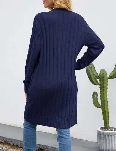 Vista 5 de MEROKEETY - Cárdigan largo de punto trenzado para mujer, suéter tejido de manga larga, abierto por delante y con botones, ropa para exteriores