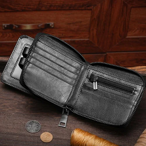 Vista 94 de LUKZIJAES Billetera de cuero genuino para hombre, con bloqueo RFID, delgada, plegable, bolsillo frontal, #3-Café, Vintage