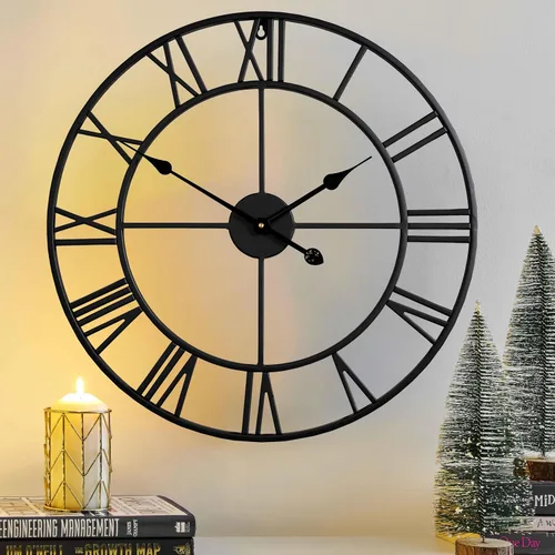 Vista 14 de CLXEAST Relojes de pared de 24 pulgadas para decoración de sala de estar, reloj de pared grande de metal negro que funciona con pilas Número arábigo