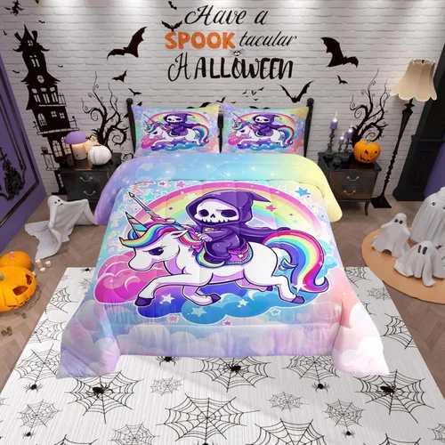 Vista 12 de Castle Fairy Happy Halloween - Juego de edredón para niños, tamaño Queen, juego de ropa de cama con diseño de fantasmas de dibujos animados rosa