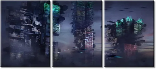 Vista 16 de Arte de pared de 3 piezas de escena de ciencia ficción de la calle comercial futurista paisaje urbano, decoración de pared para dormitorio